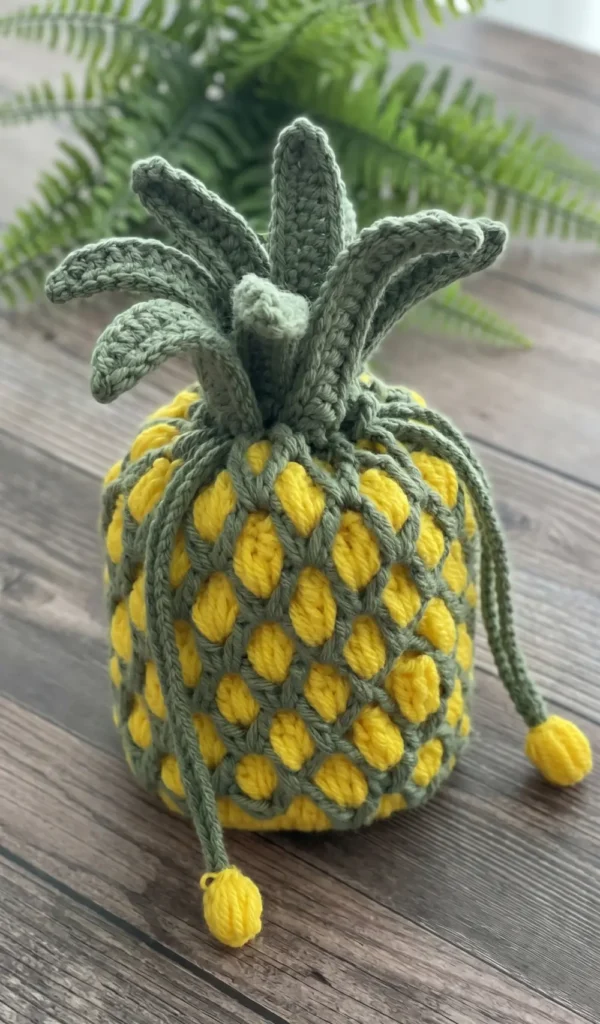 3D Pineapple Drawstring Crochet Bag
