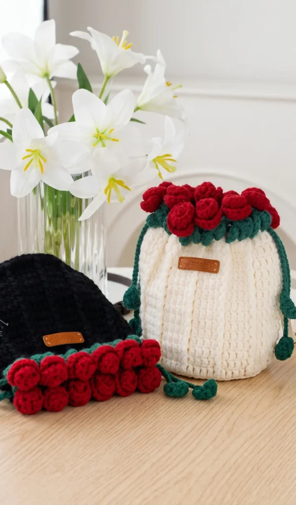 Rose Drawstring Crochet Bag