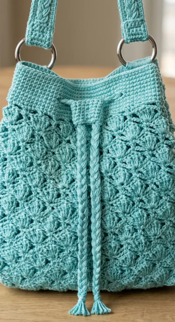 Treble Shell Stitch Drawstring Crochet Bag