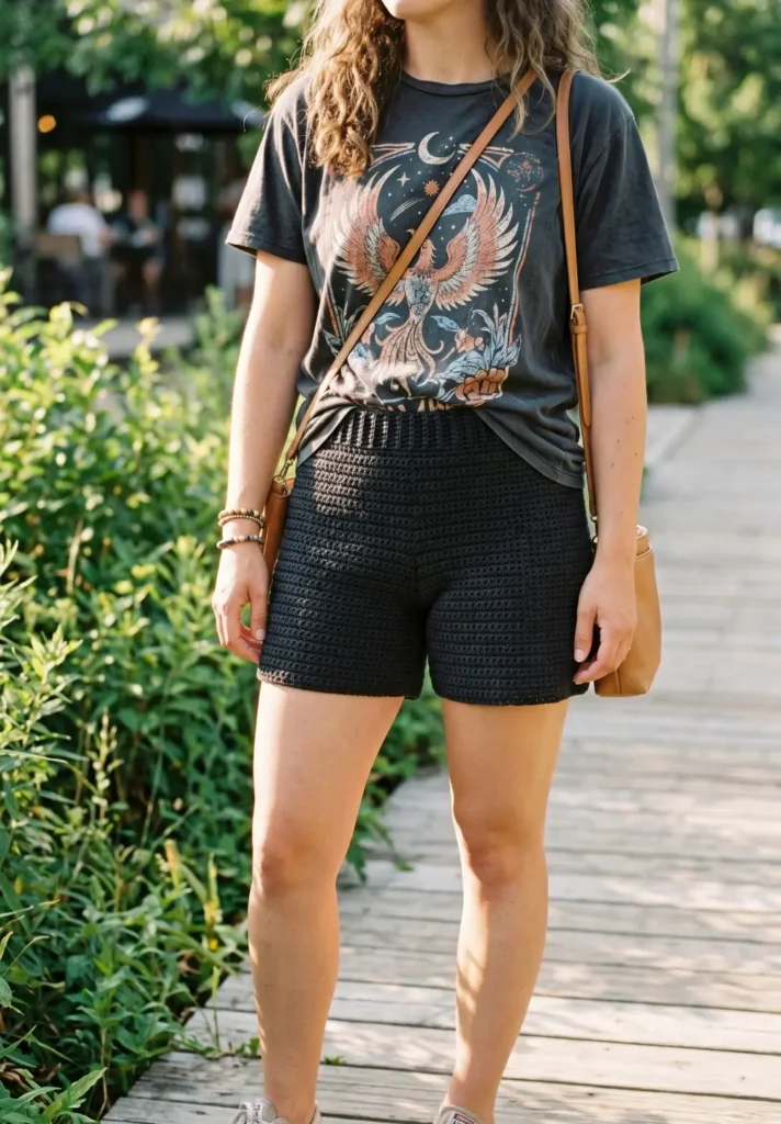 Casual Crochet Shorts with Graphic Tee