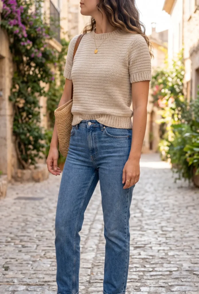 Casual Crochet Tee and Jeans Combo