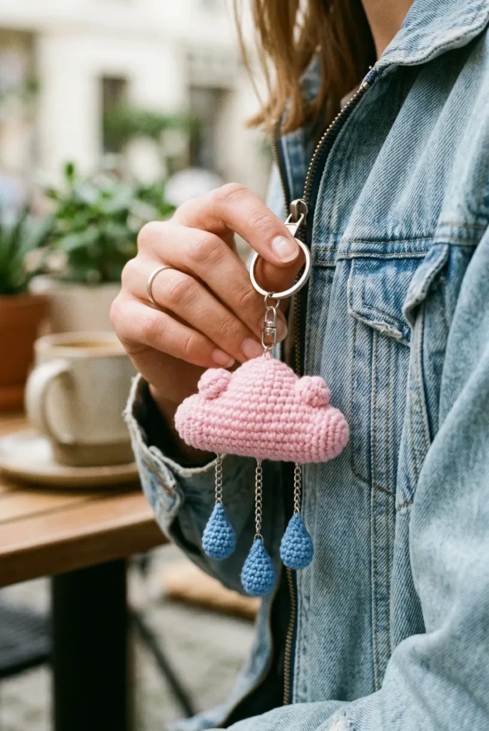 Crochet Cloud with Raindrops Keychain