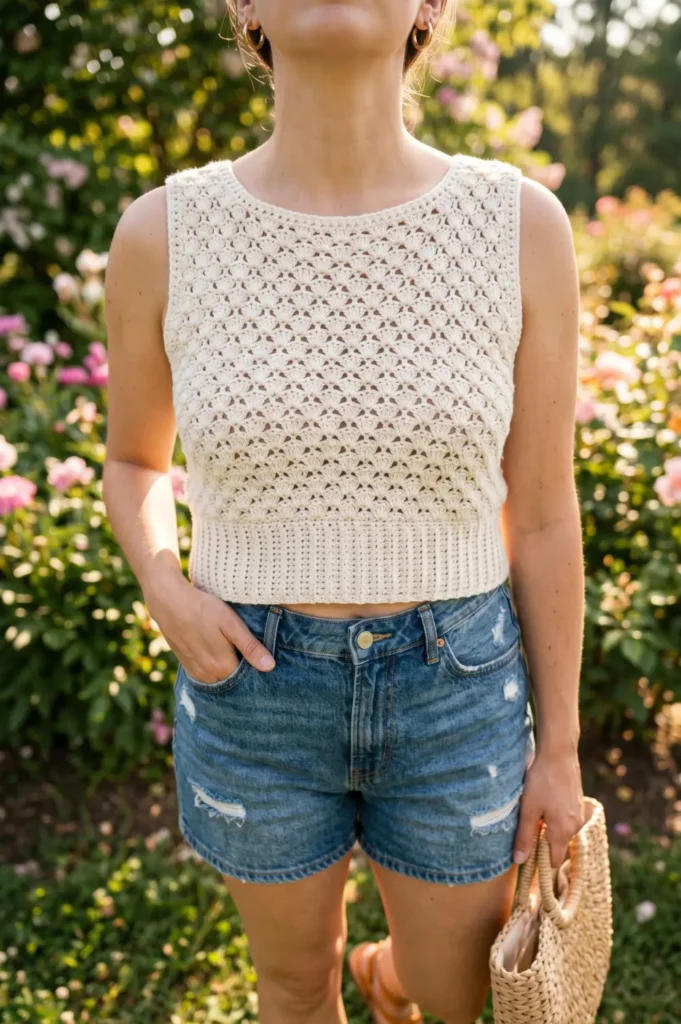 Crochet Crop Top with High-Waisted Shorts