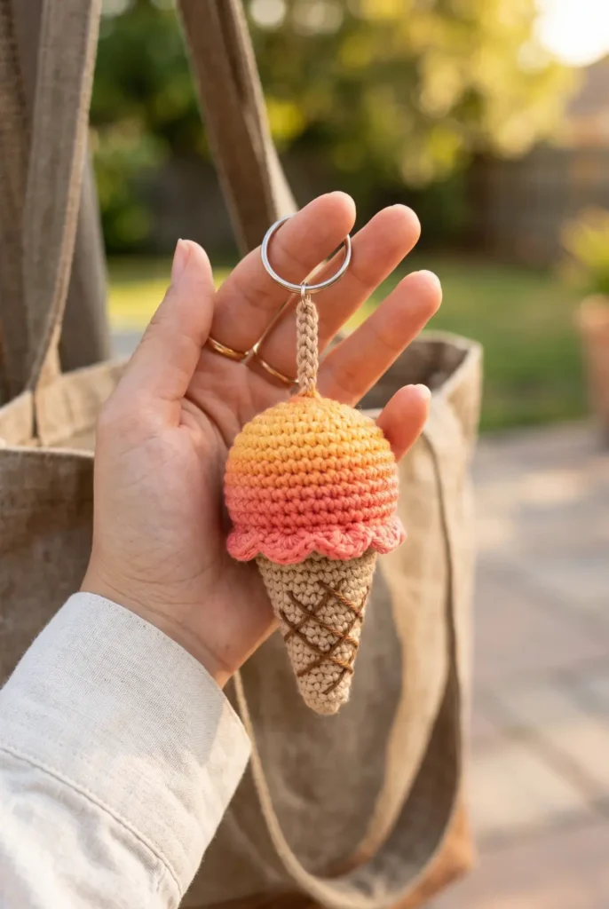 Crochet Ice Cream Cone Keychain