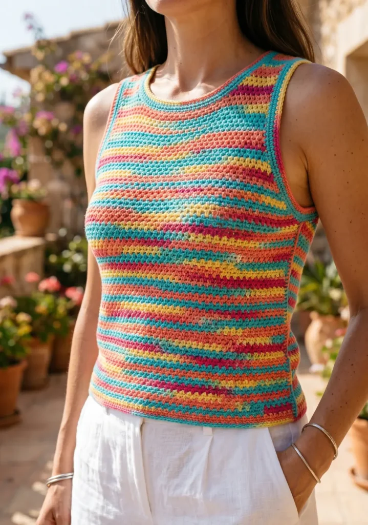 Crochet Tank Top with White Linen Pants