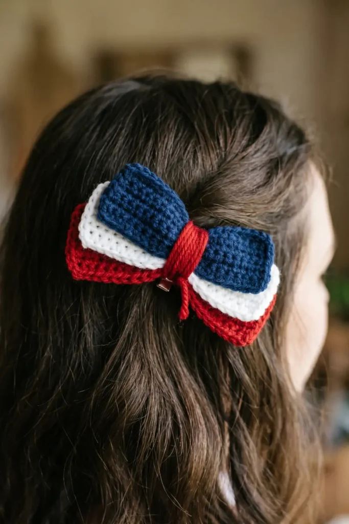 Easy Crochet Hair Bow in Patriotic Colors