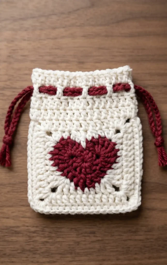 Crochet Heart Drawstring Pouch Bag