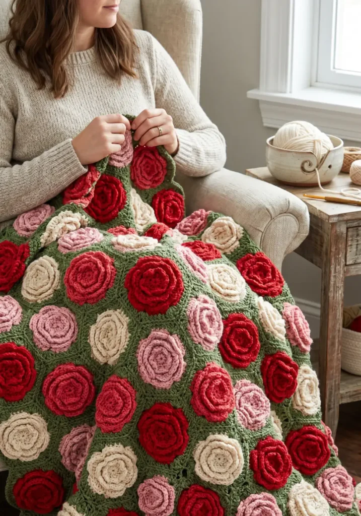 1. Crochet Rose Flower Bouquet Blanket Pattern