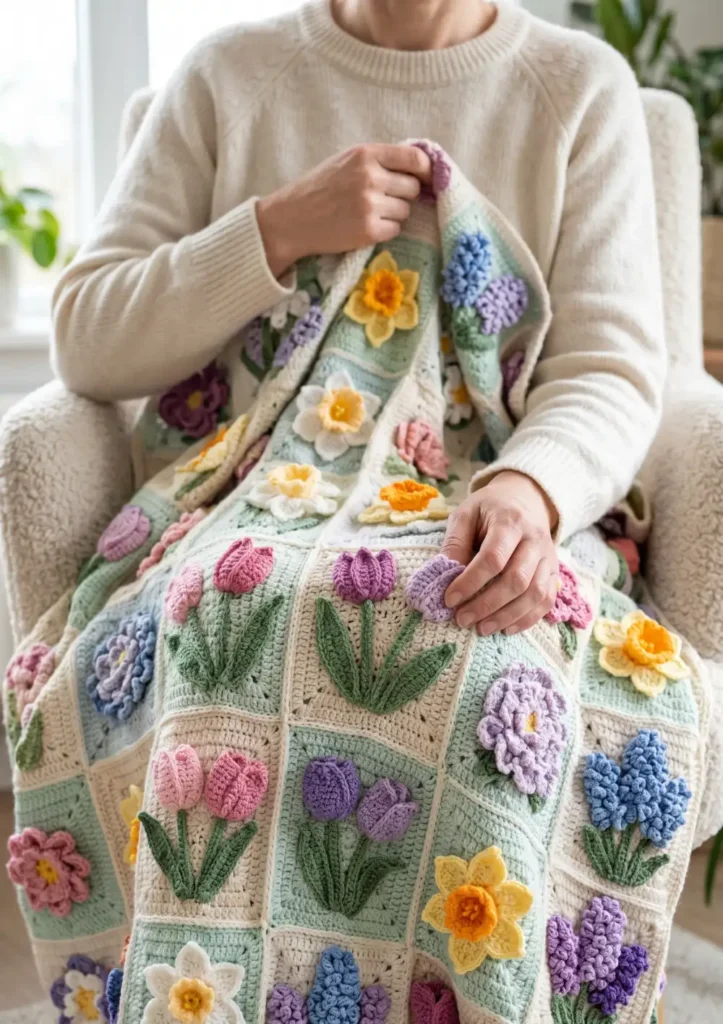 10. Spring Flower Bouquet Crochet Blanket