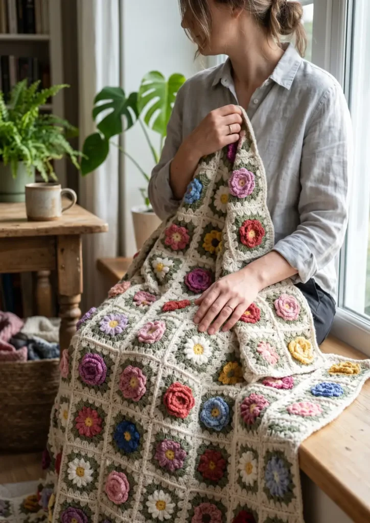 11. Granny Square Flower Bouquet Blanket