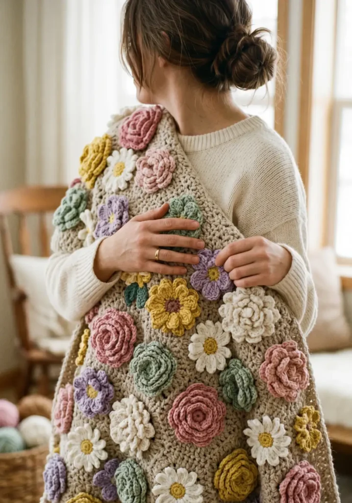 12. 3D Crochet Flower Bouquet Throw Pattern