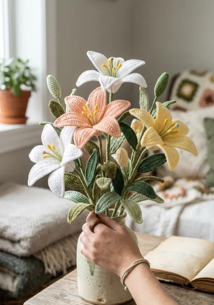 13. Crochet Lily Flower Arrangement