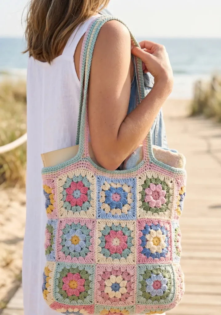 13. Floral Granny Square Beach Bag