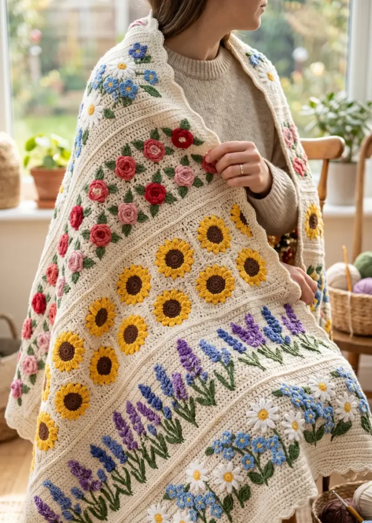14. Colorful Mixed Flower Bouquet Blanket