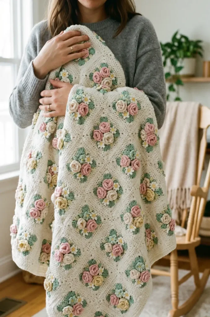 15. Baby Blanket with Crochet Flower Bouquet Motifs