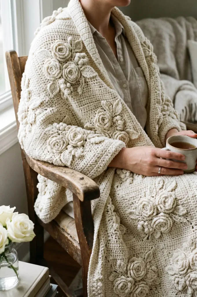 16. Elegant White Rose Bouquet Blanket Pattern