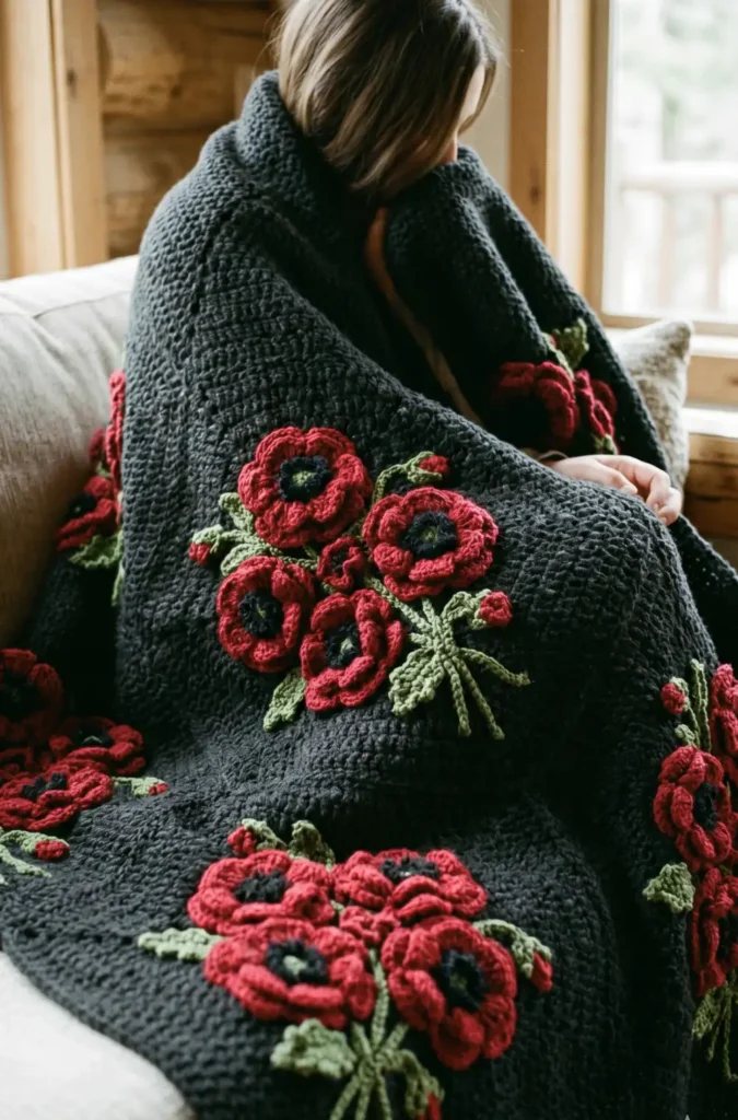 17. Crochet Poppy Flower Bouquet Blanket Idea