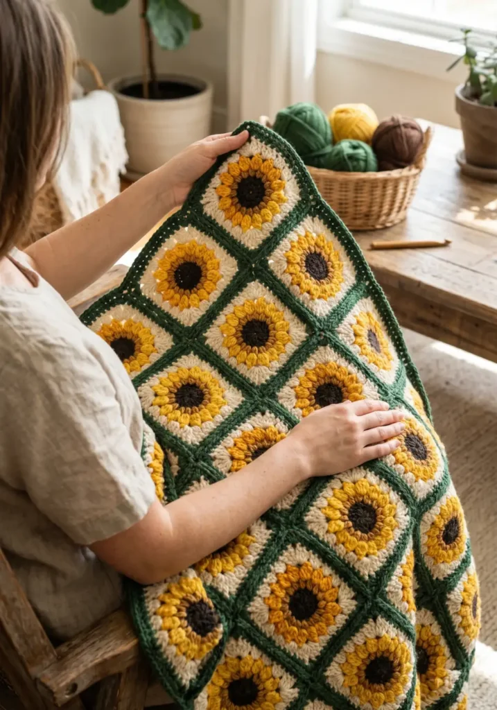 2. Sunflower Bouquet Crochet Blanket Idea