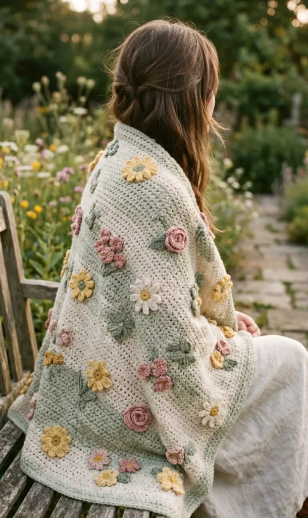 20. Country Meadow Flower Bouquet Crochet Throw