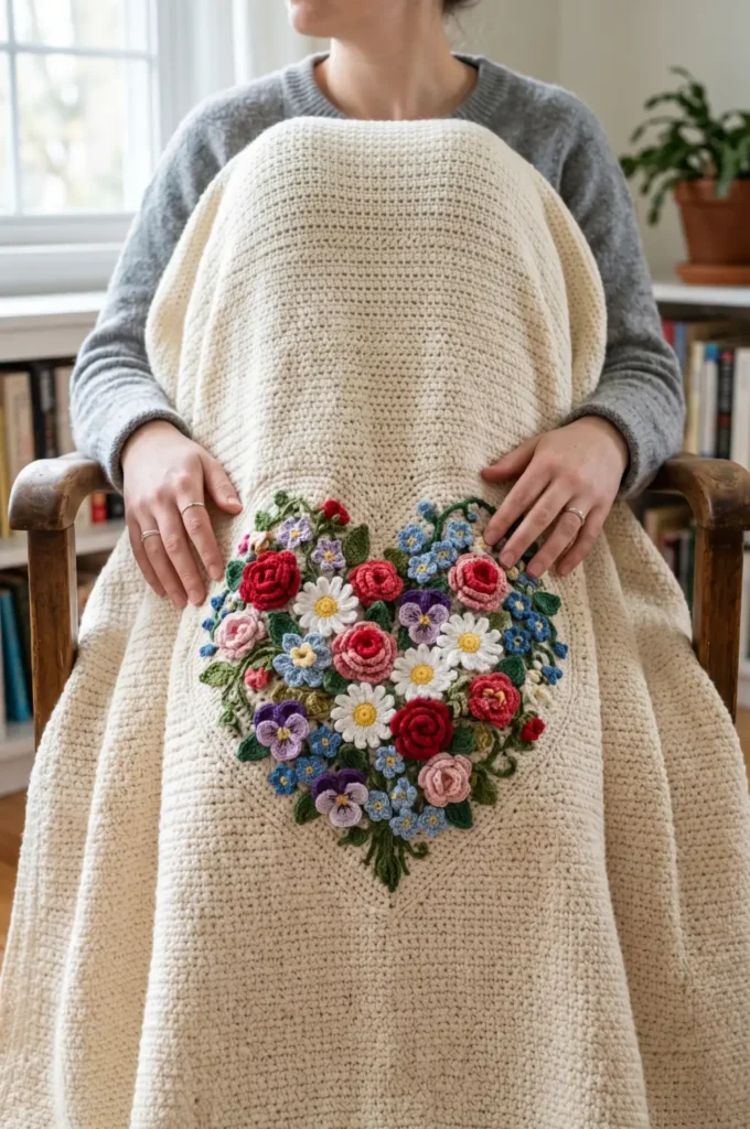 21. Heart-Shaped Flower Bouquet Blanket Idea