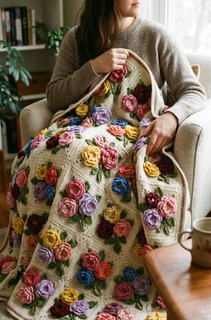 22. Layered Floral Bouquet Crochet Blanket