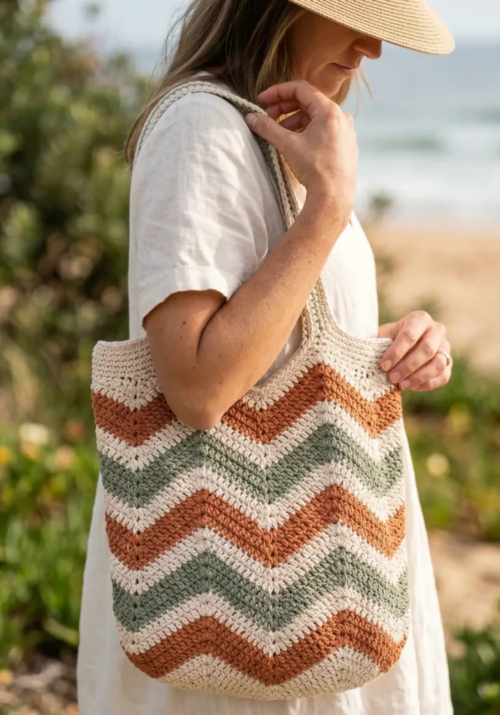 24. Chevron Pattern Crochet Beach Tote