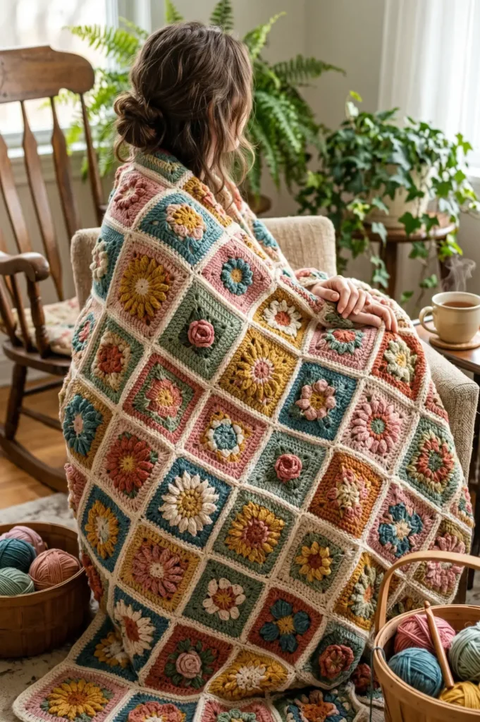 24. Patchwork Flower Bouquet Crochet Afghan