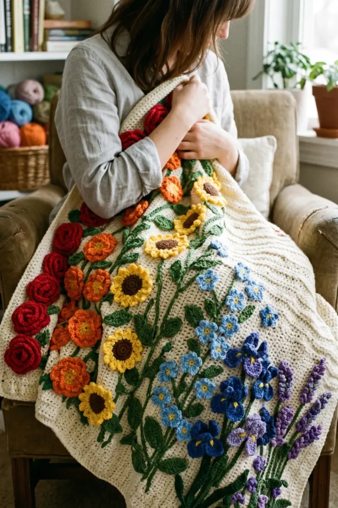 26. Rainbow Flower Bouquet Crochet Blanket Pattern