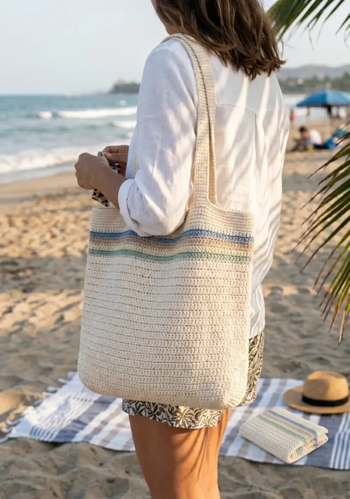 28. Foldable Crochet Beach Tote Idea