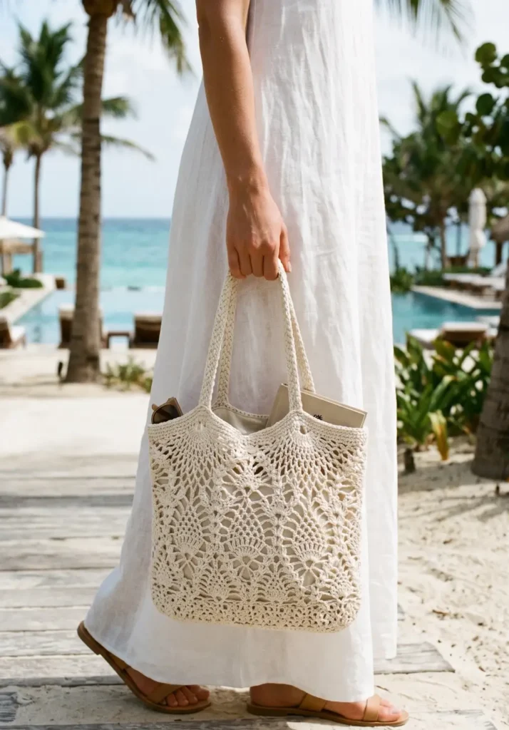 30. Elegant Lace Crochet Beach Tote