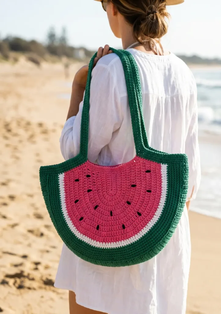 31. Watermelon-Themed Crochet Beach Bag