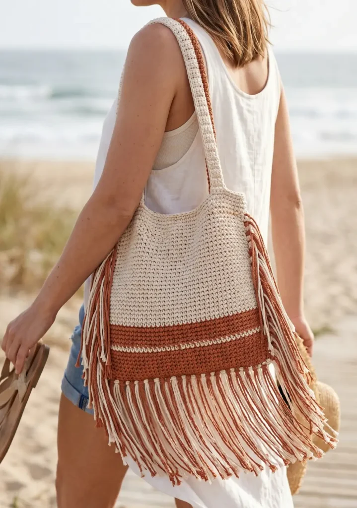 4. Boho Fringe Crochet Beach Bag