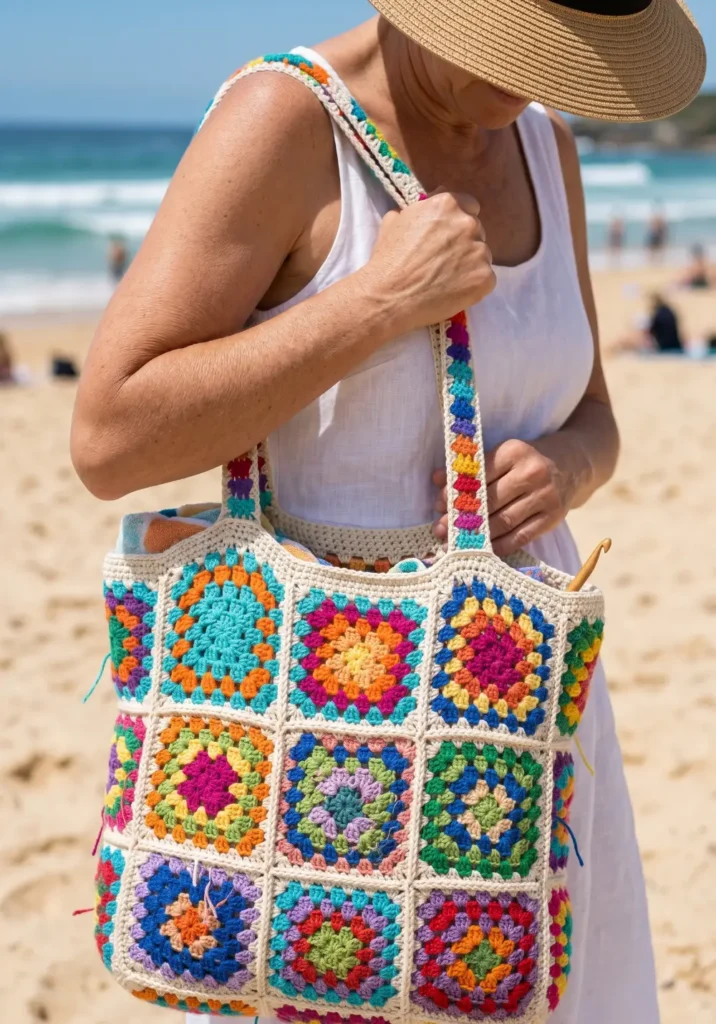 6. Colorful Granny Square Beach Bag