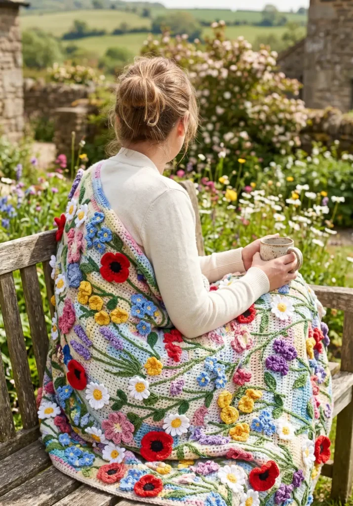 7. Wildflower Crochet Bouquet Blanket Idea