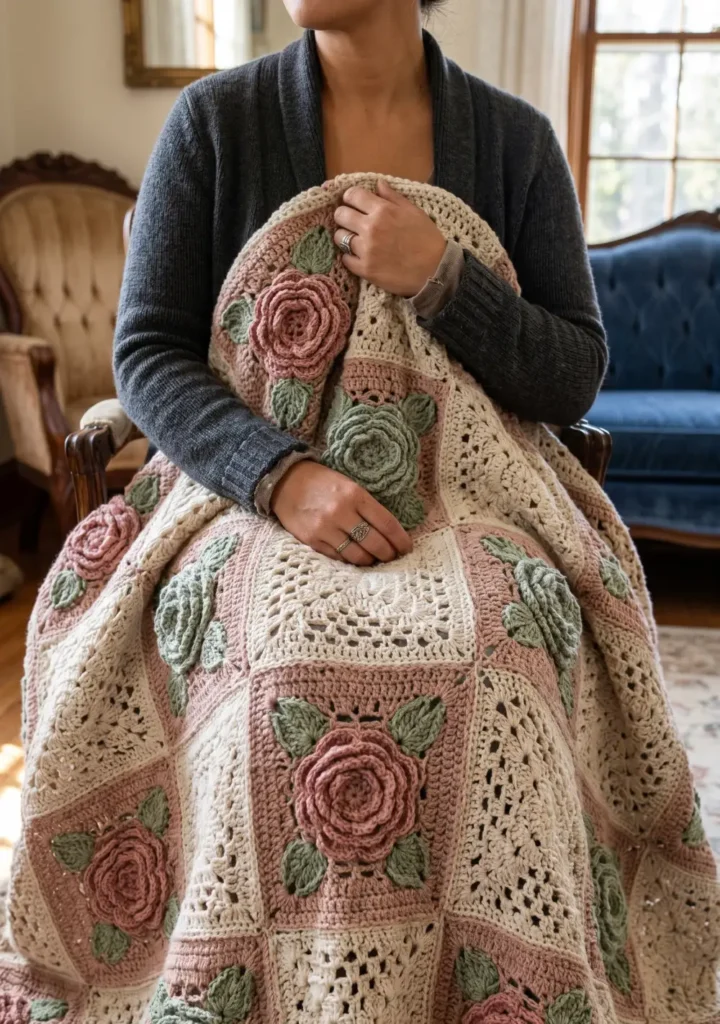 8. Vintage Rose Bouquet Afghan Pattern