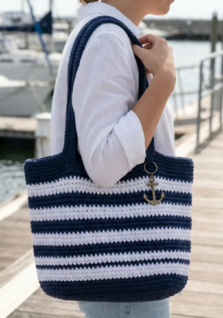 9. Nautical Stripe Crochet Tote
