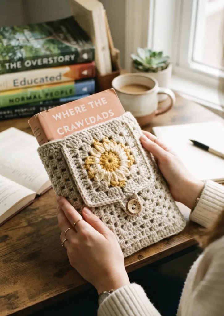 11. Floral Granny Square Book Sleeve with Button Closure