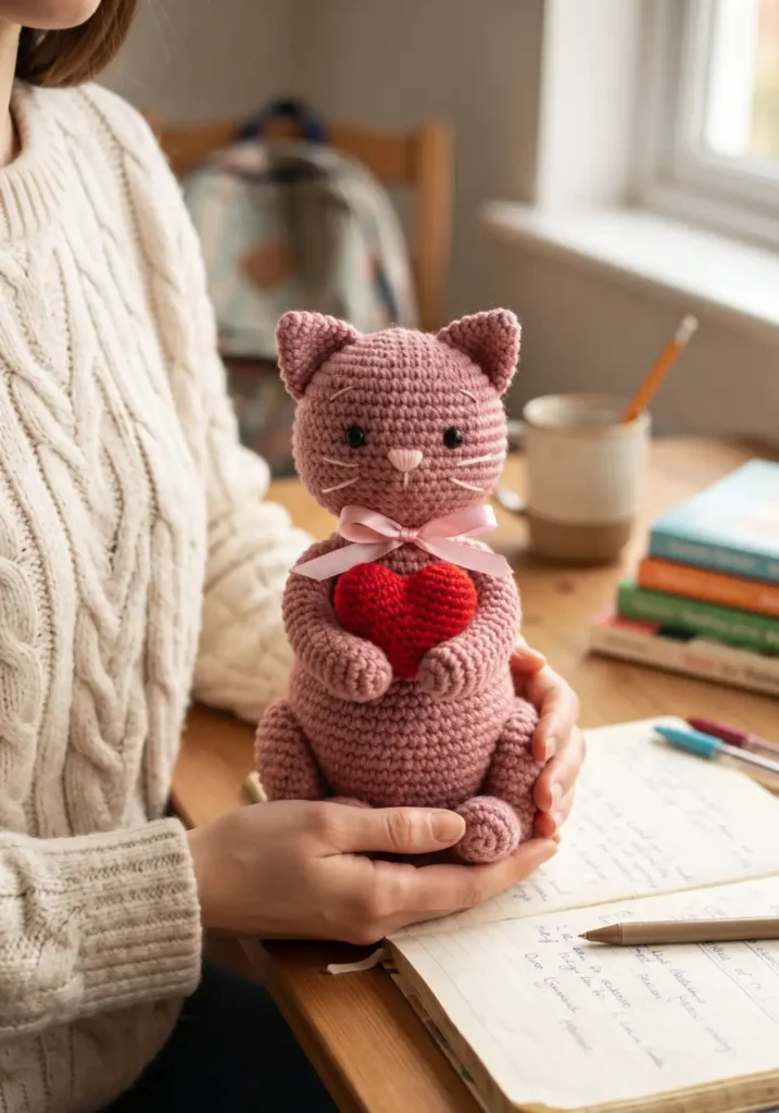 11. Heart-Holding Valentine Cat Crochet