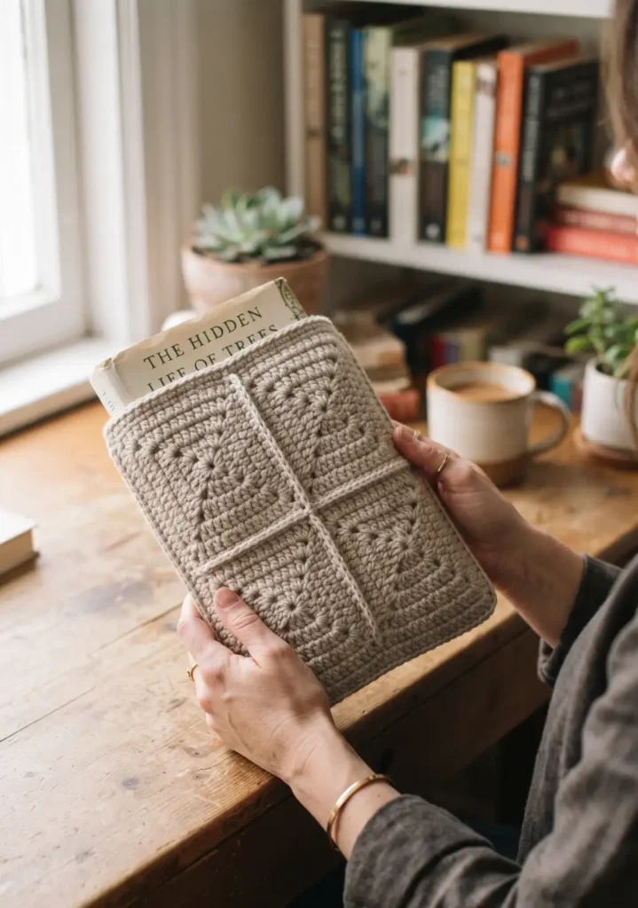 13. Modern Minimalist Granny Square Book Sleeve
