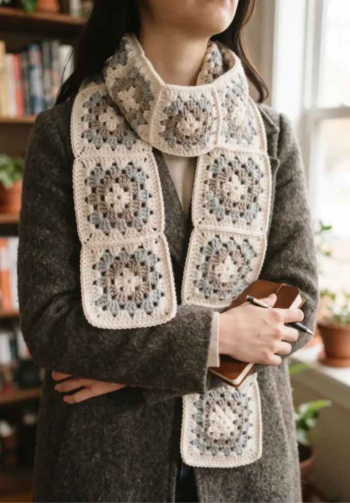 13. Neutral Farmhouse Granny Square Scarf Pattern
