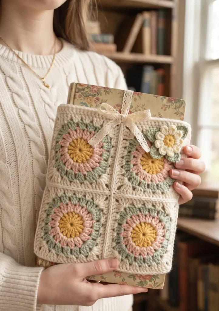 14. Cottagecore Granny Square Book Sleeve Idea