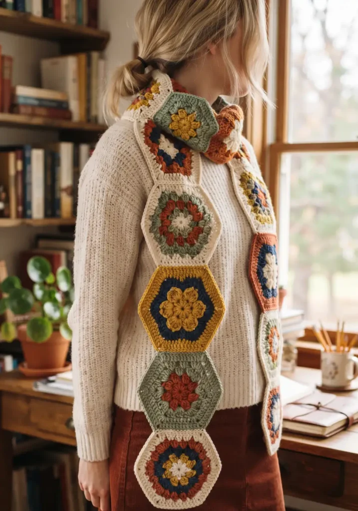 15. Hexagon and Granny Square Mixed Scarf Pattern