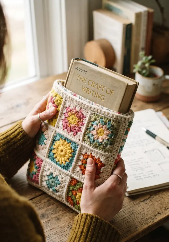 15. Patchwork Granny Square Book Sleeve with Lining