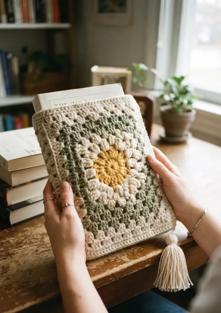 16. Textured Granny Square Book Sleeve with Tassel