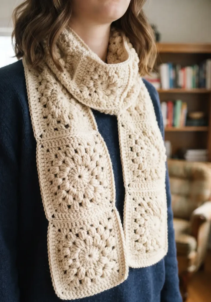 16. Textured Puff Stitch Granny Square Scarf Pattern