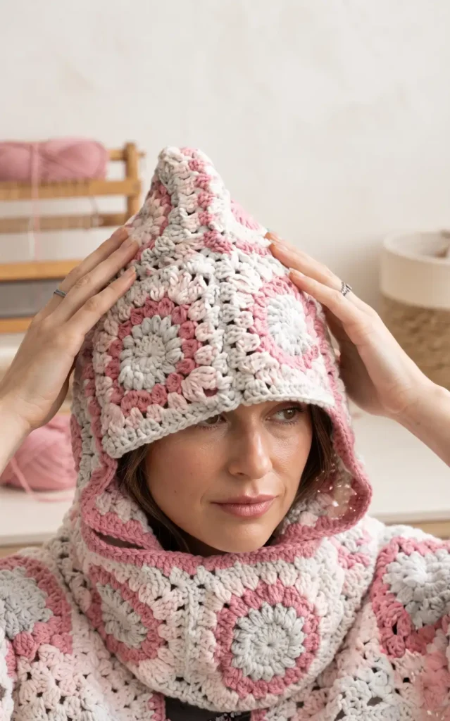 Crochet Granny Square Hooded Pocket Scarf