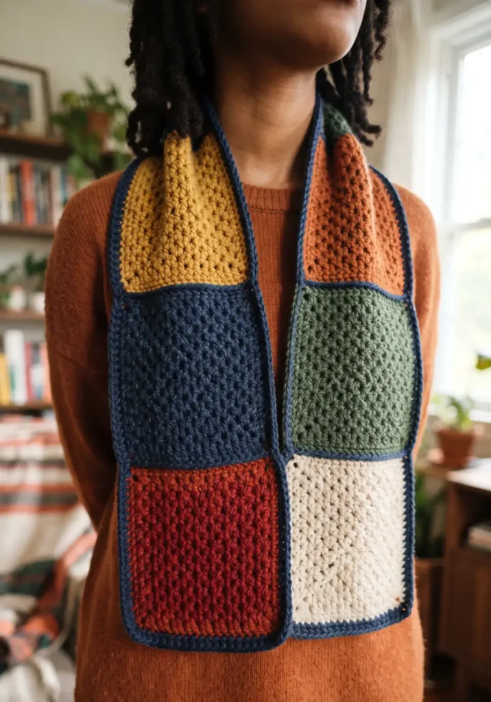17. Moss Stitch Granny Square Scarf Pattern
