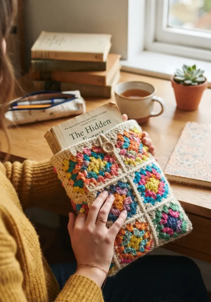 17. Rainbow Scrap Yarn Granny Square Book Sleeve