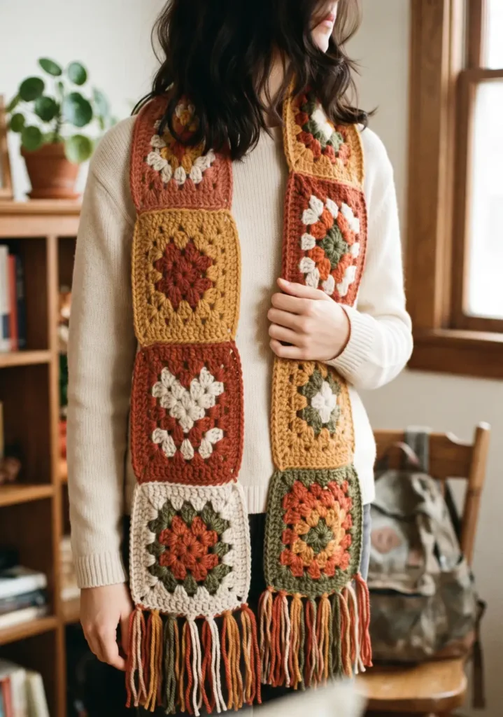2. Boho Fringe Granny Square Scarf Pattern