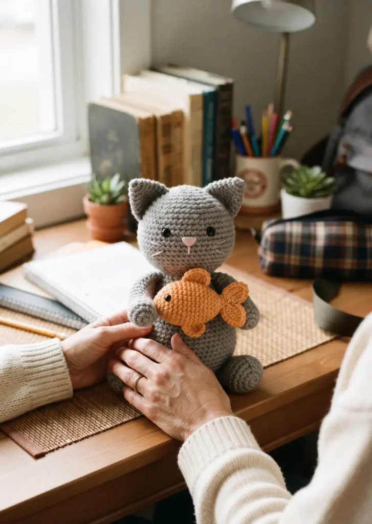 20. Cat Holding a Fish Crochet Plush